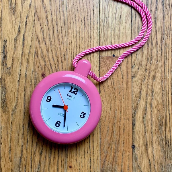 Vintage Rose Pink Plastic DaliCo Clock Necklace on a Rope 1985 Flavor Flav Public Enemy 1980s Retro Hip Hop Accessories Rapper Costume Funny