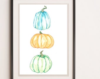 Stacked Pumpkins Watercolor Printable Wall Art, Autumn Decorations, Tabletop Sign, Digital Download, Hand-drawn Pumpkins, Gourd Art
