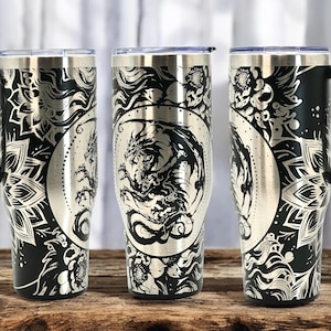 Dragon Floral Themed 40oz Laser Engraved Steel Tumbler