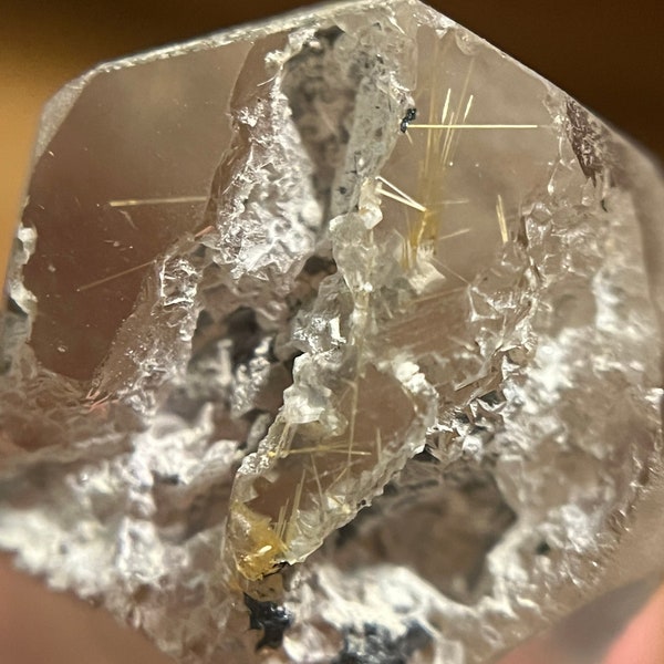 Light Grey Smoky Rutilated Quartz with Deep Sand Inclusions | Natural Rutile Smokey Quartz Point Partially Polished