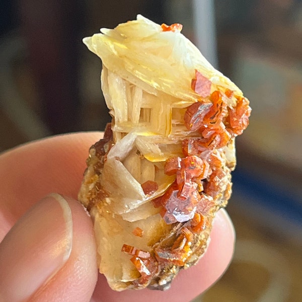 Orange Vanadinite on White Barite Blades