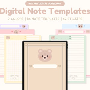 Kawaii Digital Note Templates | Cute Digital note book Goodnotes IPAD | Digital Sticky Notes | Cute Bear Paper Templates | Digital Notes