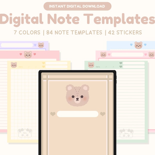 Kawaii Digital Note Templates | Cute Digital note book Goodnotes IPAD | Digital Sticky Notes | Cute Bear Paper Templates | Digital Notes