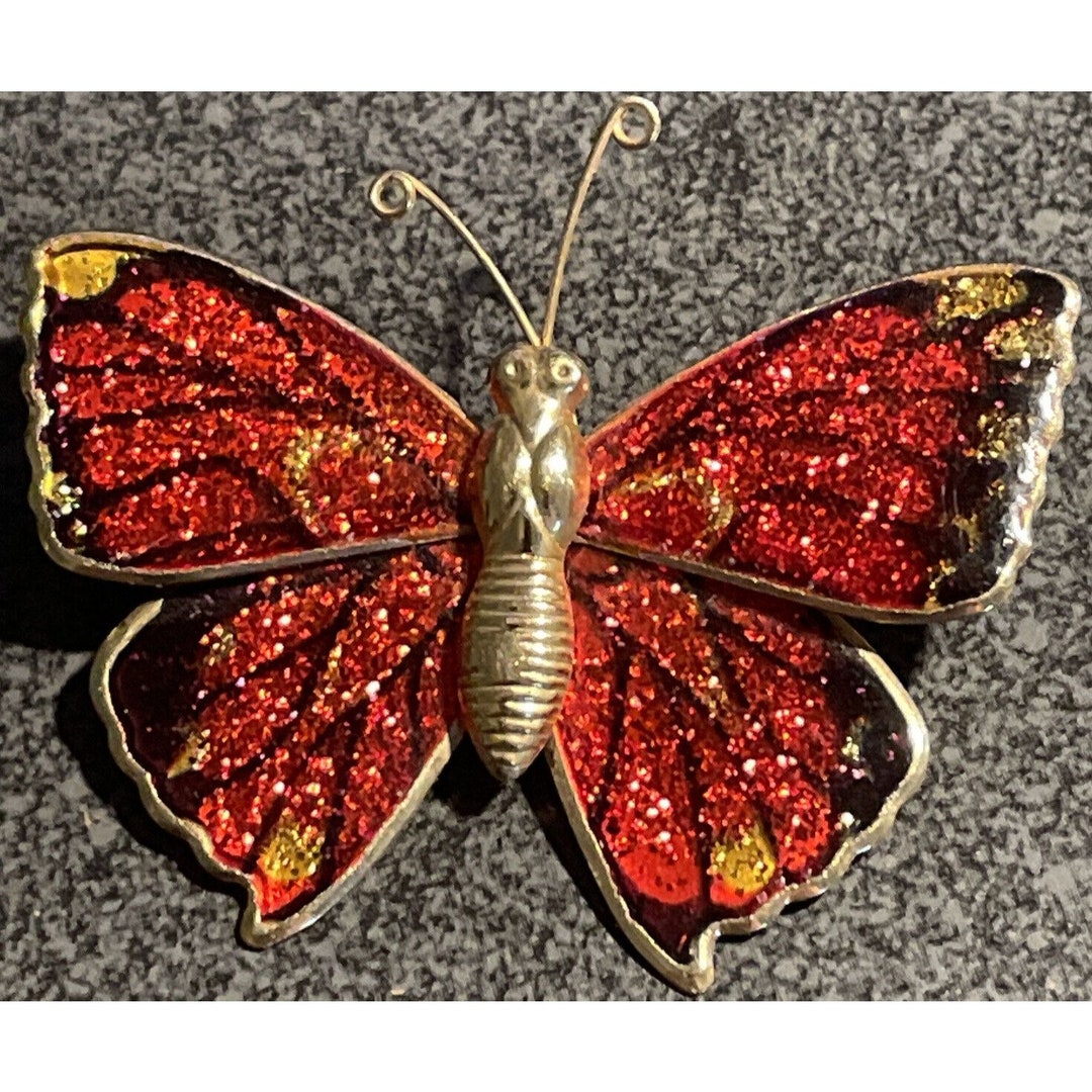 Broche Vintage Papillon En Métal Doré Et émail Bleu - Bijou Ancien Charmant