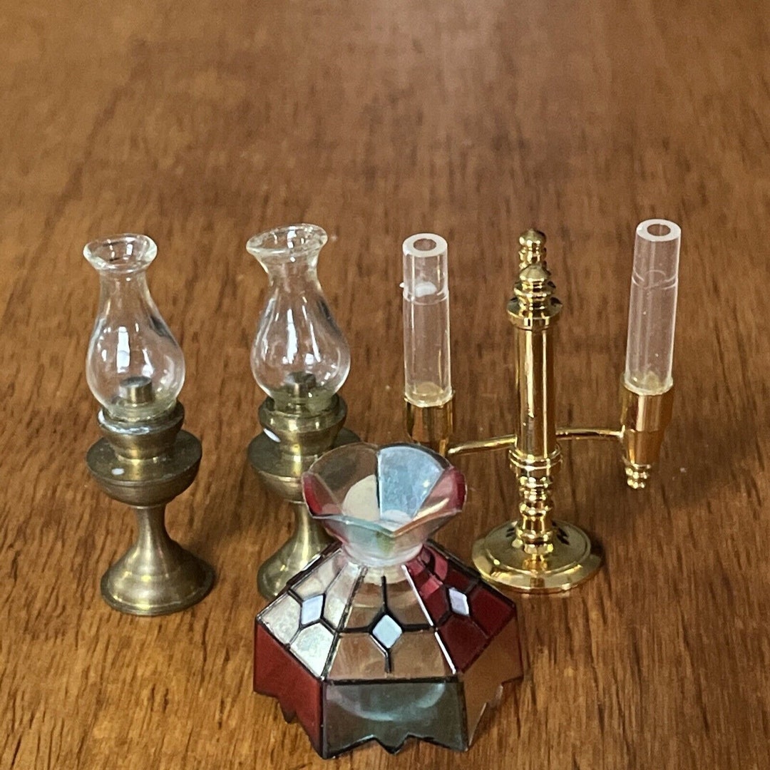 Doll House Miniature Lighting Glass Brass Oil Lamps Candelabra Etsy