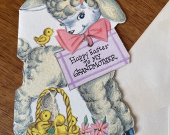 Vtg Stanley Easter Greeting Card Grandmother Mica Glitter Chicks Lamb Die Cut