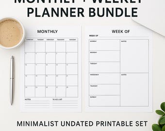 Monthly + Weekly Planner Bundle PDF | Minimalist Undated Printable Set | Instant Download
