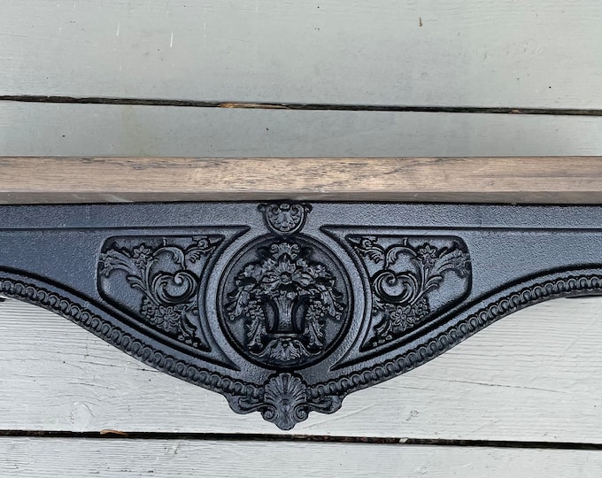 Ornate Black Carved Wood Shelf with Plate Rail