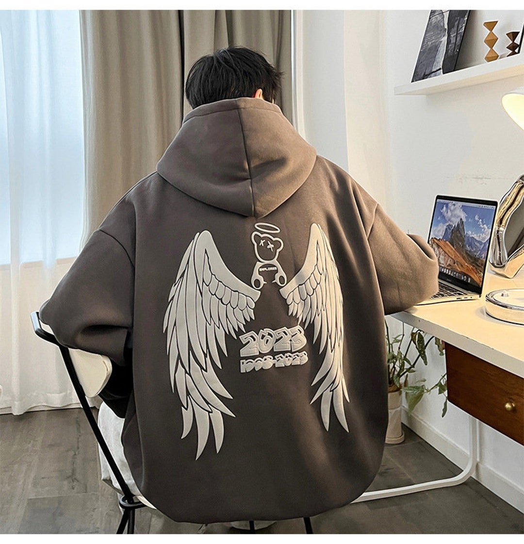 Y2K Men Hoodies Angel Wings Printed Oversized Casual Man - Etsy