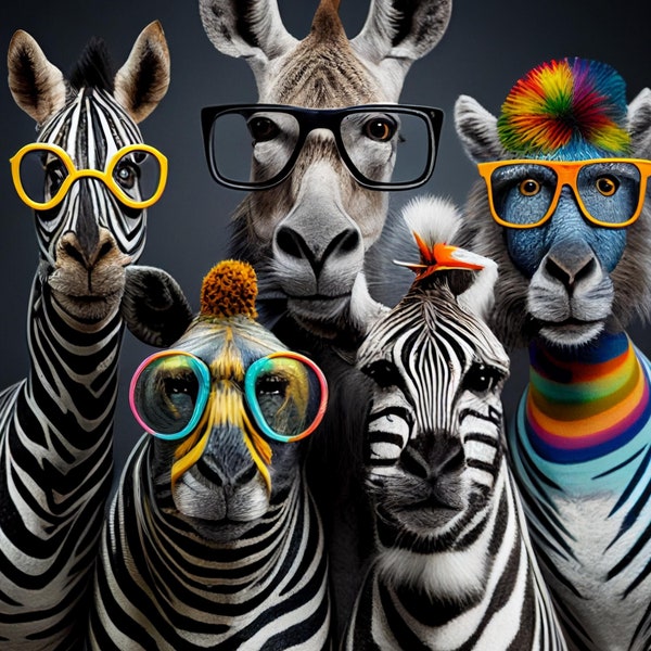 Stripe animals, animal prints, animal with glasses, animal art, printable wall art, funny animal art prints, funny animals, neon glasses