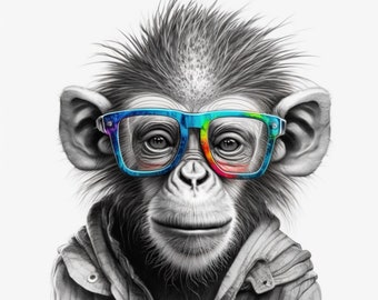 Monkey, animal prints, animal with glasses, animal art, printable wall art, monkey art prints, funny animals