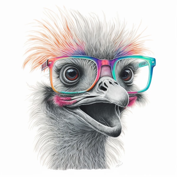 Ostrich, animal prints, animal with glasses, animal art, printable wall art, ostrich art prints, funny animals