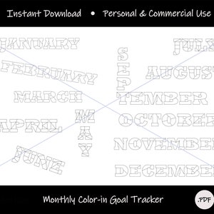 Monthly coloring printable for goal tracking; 2024 months goal tracker; printable coloring page