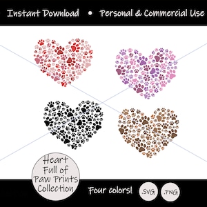 Coeur plein d'empreintes de pattes PNG avec fond transparent ; Clipart coeur patte d'animal de compagnie ; empreintes de pattes de chien; Fichier de conception numérique SVG PNG