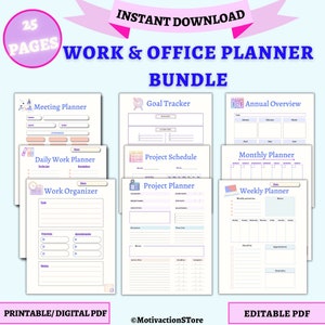 Könnte beinhalten: Ein druckbares und editierbares PDF-Paket mit 25 Seiten an Vorlagen für Arbeits- und Büro-Planer. Die Vorlagen umfassen einen Meeting-Planer, einen Ziel-Tracker, einen Jahresüberblick, einen Tagesplaner, einen Projektplan, einen Monatsplaner, einen Projektplaner und einen Wochenplaner. Die Vorlagen sind in einem Pastellfarbenschema gestaltet und verfügen über niedliche Illustrationen.