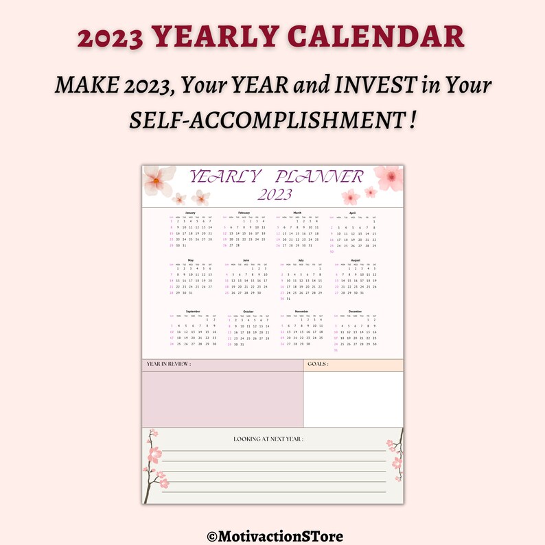 2023 Yearly Planner Year at A Glance Monthly Review Yearly Overview