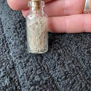 May include: A small glass bottle with a cork stopper filled with white fibers. The bottle is held in a hand.