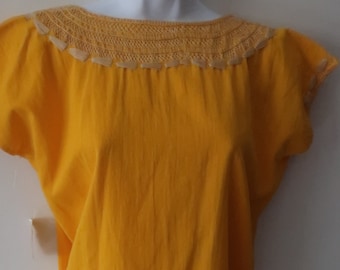 New With TAG Handmade Bright Yellow Manta Cotton Mexican Huipil Top Nayarit Blusa Hand Embroidered Size LARGE