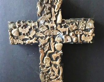 Vintage 8" x 7" Handmade Wood Milagro Wood Cross Prayer Miracle Charms Mexico