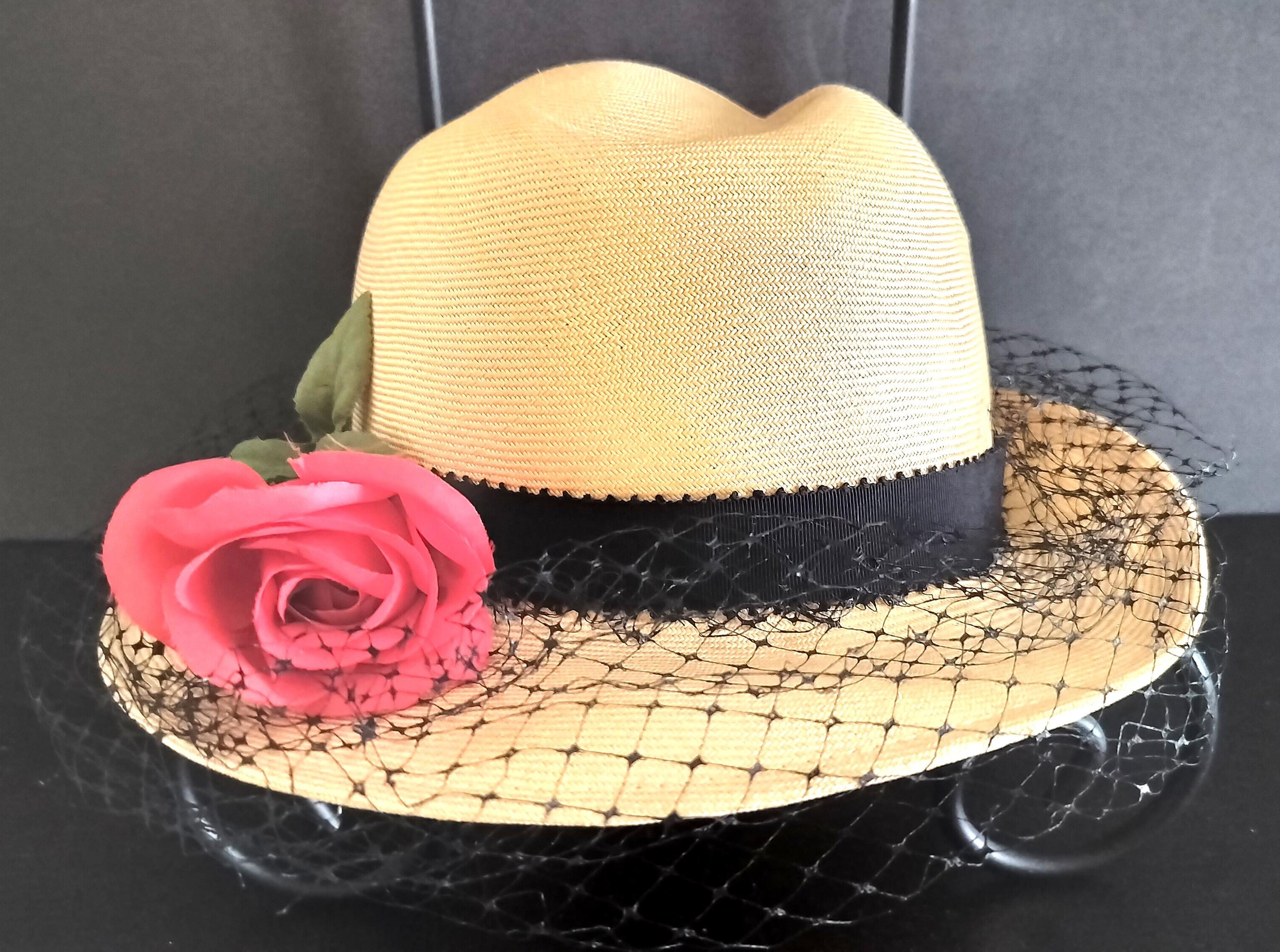 Vintage Adolfo New York Straw Hat Wide Brim Pink Floral Boater Derby Vintage Italy Straw Raffia Boater Hat, 1940s-50s Hat  main image 4