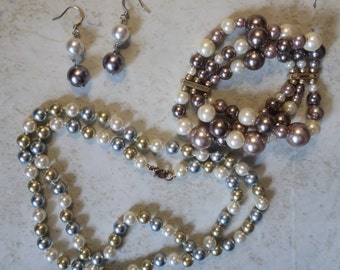 Estate Vintage HEAVY Silver Gold White Purple Gray Faux Graduated Pearl Necklace, Dangle Earrings & Stretchy Bracelet Set