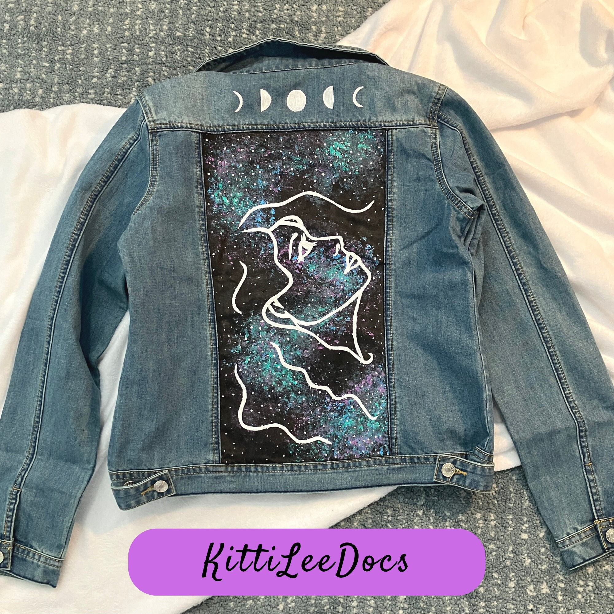 Hand Painted Denim Jacket - Cosmic Girl - Space/Galaxy/Moon/Stars - Size Large - Jean and Acrylic