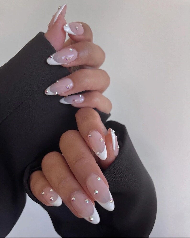 White French Nails With Shiny Rhinestones press Ons Fake - Etsy