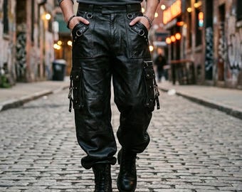 Pantalones cargo de cuero para hombre hechos a mano, de piel de vaca negra, con hebilla, estilo motero, para hombre, ajuste personalizado, estilo medieval.