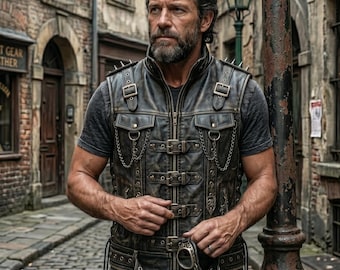 Chaleco de cuero para hombre hecho a mano, desgastado, cuello alto, hebilla frontal, estilo punk gótico con pinchos, detalle de cadena, de piel de vaca, estilo motero, color negro.