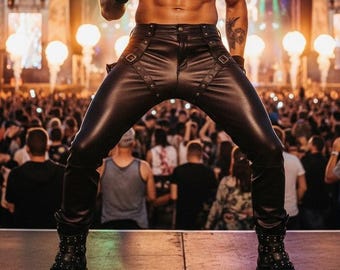 Pantalones de rendimiento con tiras en marrón chocolate / Ropa de calle de piel de vaca auténtica / Ropa de festival Rockstar para hombre