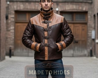 Ręcznie robiona męska kurtka ze skóry naturalnej z klamrą | Brązowy płaszcz steampunk na zamówienie | Odzież wierzchnia motocyklowa vintage | Szyta na miarę moda festiwalowa