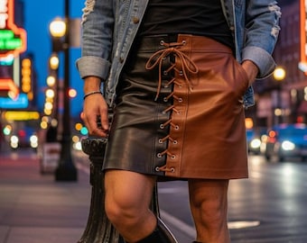 Falda escocesa de cuero hecha a mano para hombre, piel de vaca negra, dos tonos, falda corta con cordones, falda escocesa de cuero frontal, atuendo gótico punk para cosplay para hombre, falda escocesa de cuero marrón