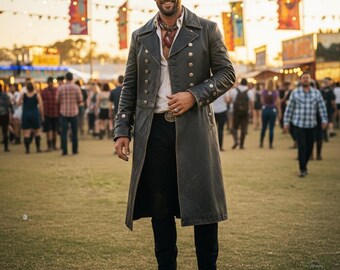 Abrigo medieval de piel de vacuno auténtica, abrigo de piel de carbón desgastado, disfraz de pirata para festivales masculinos.