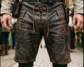 Handmade Mens Leather Lederhosen Shorts Cowhide Distressed Brown Medieval Renaissance Breeches LARP Leather Brown Shorts for mens