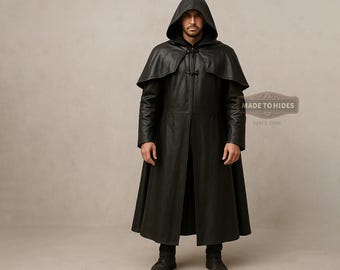 Custom Black Leather Medieval Cosplay Cloak for Men | Men's Leather Fantasy Cloak | Black Leather Knight Cloak | Custom Fit Medieval Costume