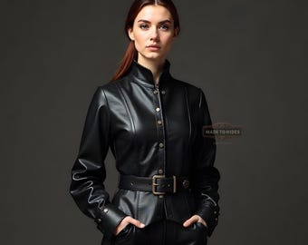 Camisa de cosplay de cuero negro personalizada / Top con botones y cinturón para mujer / Ropa de fantasía vanguardista