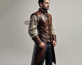 Handmade Brown Leather Gothic Long Vest for Men | Mens Brown Leather Vest | Sleeveless Brown Leather Long Coat | Brown Leather Duster Vest