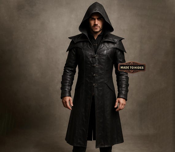Casaco longo com capuz steampunk de couro preto personalizado para