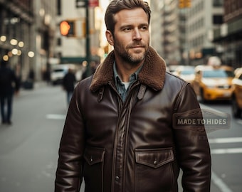 Handmade Men’s Genuine Brown Leather Aviator Jacket | Custom Shearling Collar Leather Coat | Personalized Classic Streetwear