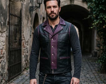 Chaleco de cuero para hombre hecho a mano, estilo motero, negro y morado, chaleco bicolor, estilo gótico, chaleco de motociclista, cierre a presión, estilo gótico fantástico, chaleco de armadura de piel de vaca