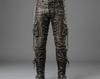 Pantalones cargo de cuero para hombre hechos a mano, de piel de vaca marrón envejecida, con hebilla y cordones, estilo motero, ajuste personalizado para hombre, estilo medieval.