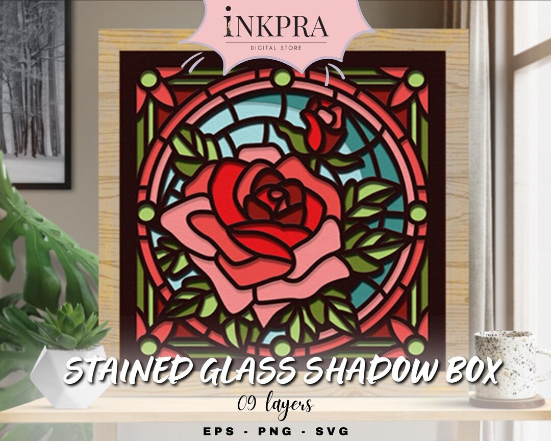 Rose Stained Glass Shadow Box Shadow Box Template3d Paper Etsy