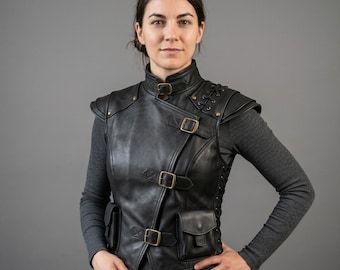 Handmade Women’s Leather Buckle Vest Black Armor Waistcoat High Collar Steampunk Warrior Fantasy Costume Genuine Cowhide LARP Cosplay