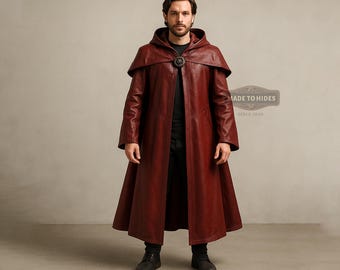 Custom Red Leather Medieval Cosplay Cloak for Men | Men's Leather Fantasy Cloak | Red Leather Knight Cloak | Custom Fit Medieval Costume
