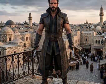 Men's Handcrafted Brown Leather Short-Sleeve Long Coat | Assassin Fantasy Duster & Medieval Cosplay Armor