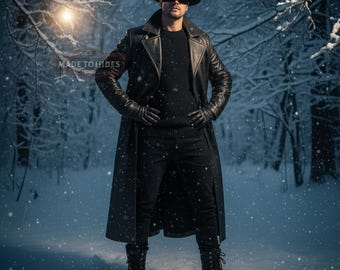Handmade Men’s Genuine Leather Trench Coat | Custom Black Duster | Tailored Winter Gothic Jacket