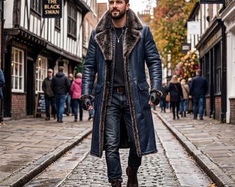 Men's Handcrafted Blue Leather Long Coat | Fur-Trimmed Winter Duster & Trench Jacket