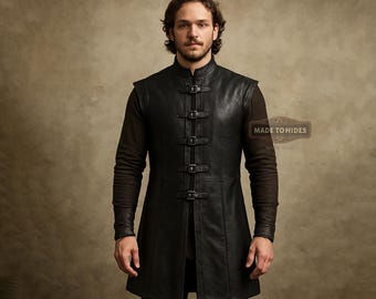 Chaleco largo medieval de cuero negro personalizado para hombre / Abrigo de cuero renacentista sin mangas / Chaleco de guerrero gótico para festivales / Disfraz de LARP personalizado