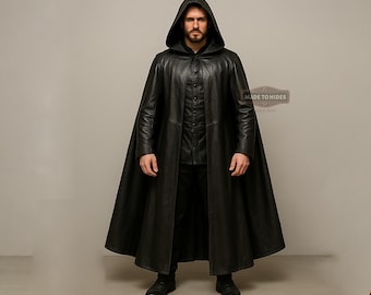 Made to Hide Custom Black Leather Medieval Cosplay Cloak for Men | Men's Leather Fantasy Cloak |  Leather Knight Cloak |  Medieval Costume