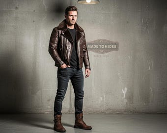 Handmade Men’s Genuine Brown Leather Jacket | Custom Shearling Collar | Vintage Aviator Style | Tailored Motorcycle Biker Jacket